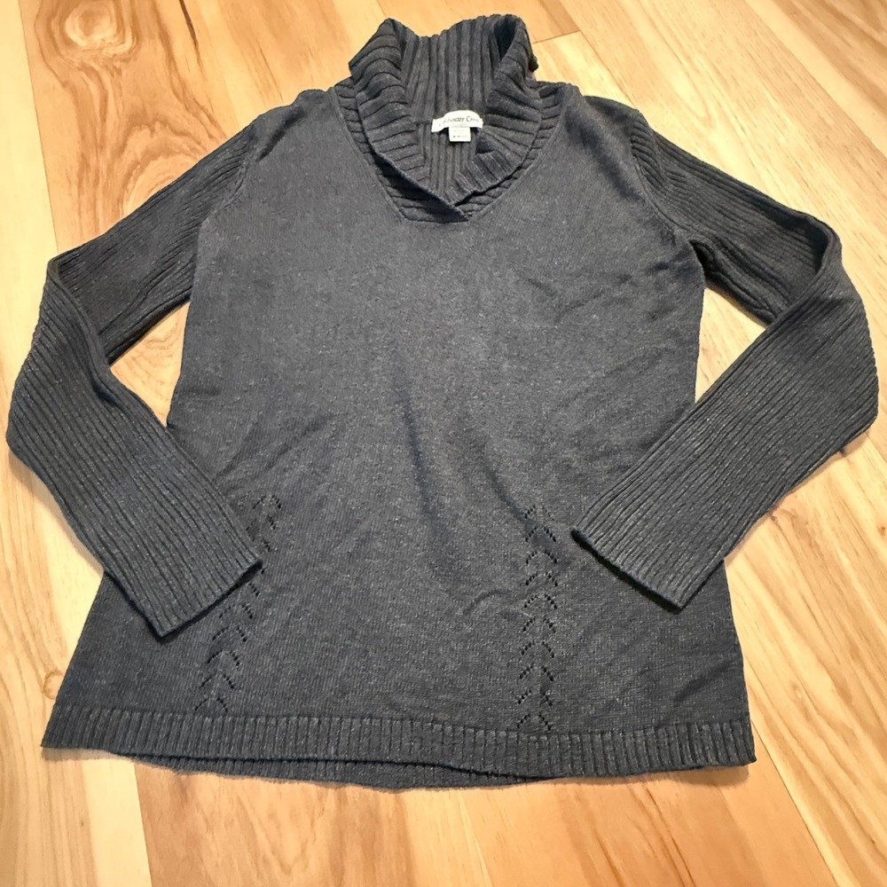 Coldwater Creek Cowl Neck Sweater Women Medium Gray Chevron V-Neck Pullover